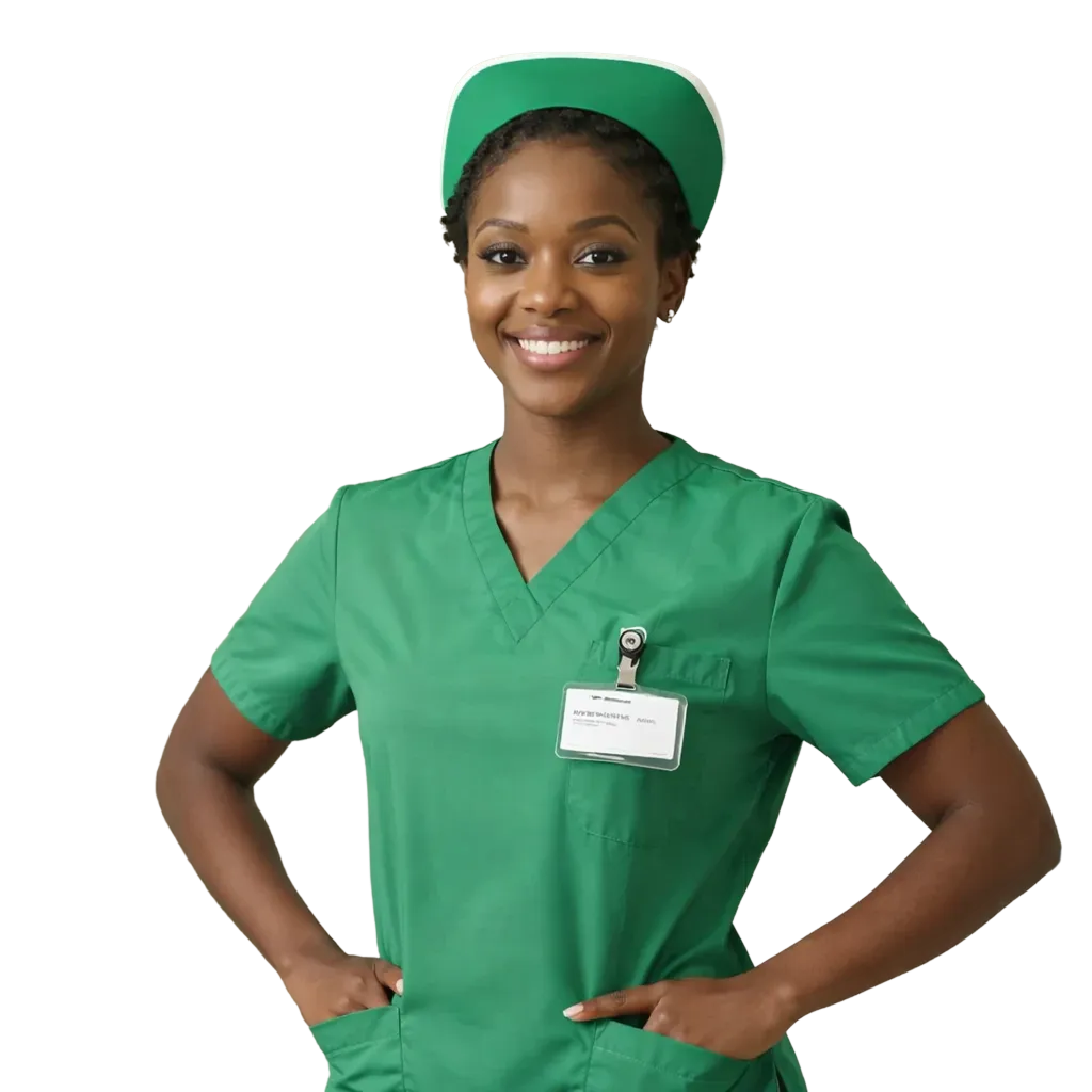 Confident nurse in green scrubs